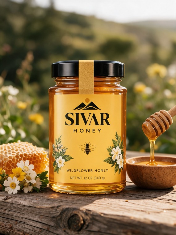 Frasco de SIVAR Honey, miel de flores silvestres, con panal y flores